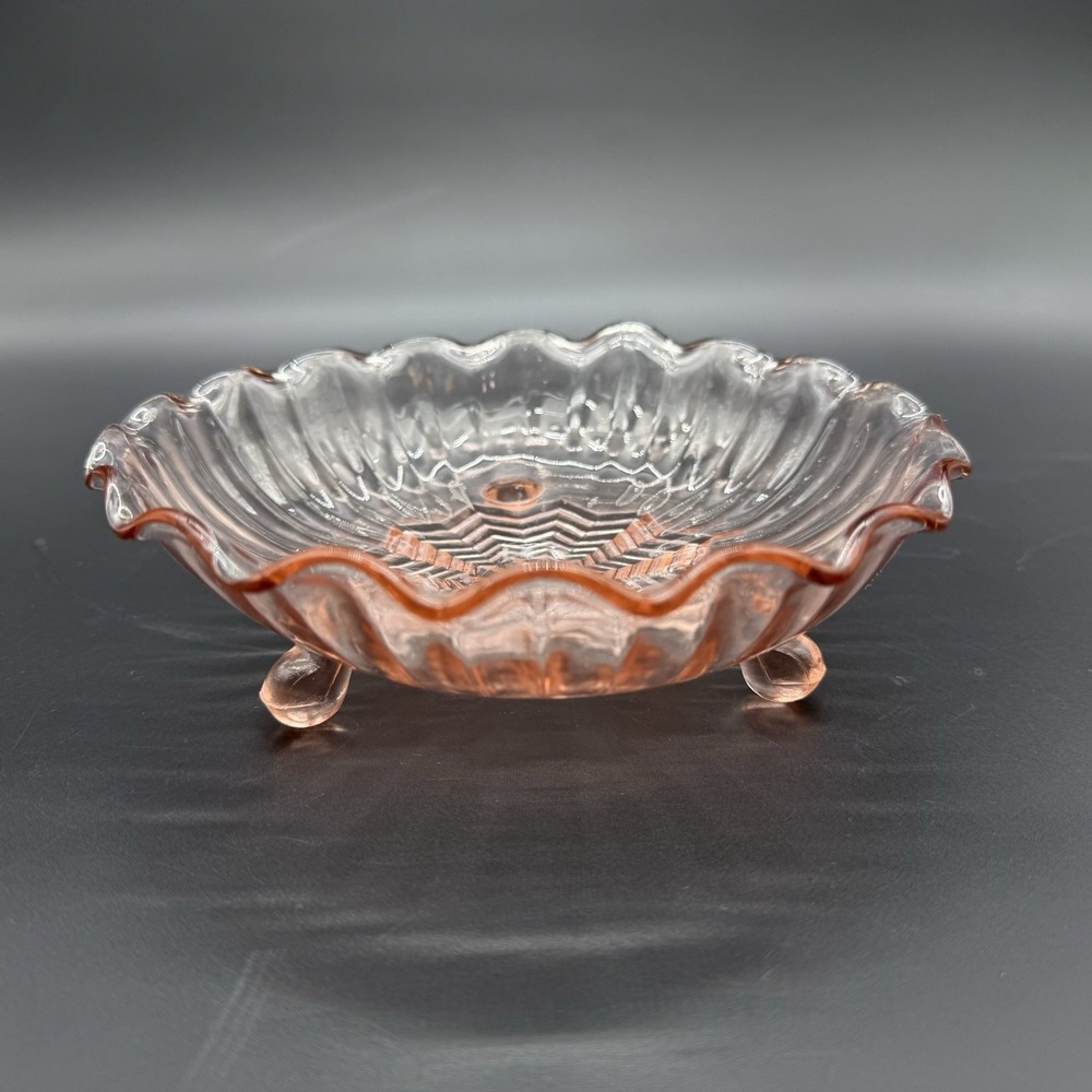 Vintage Pink Depression Glass 3-Footed Bowl Scalloped Edge Art Deco Star Pattern